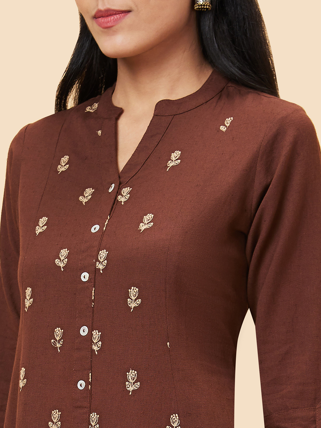 Globus Women Brown Embroidered Mandarin Collar A-Line Kurta