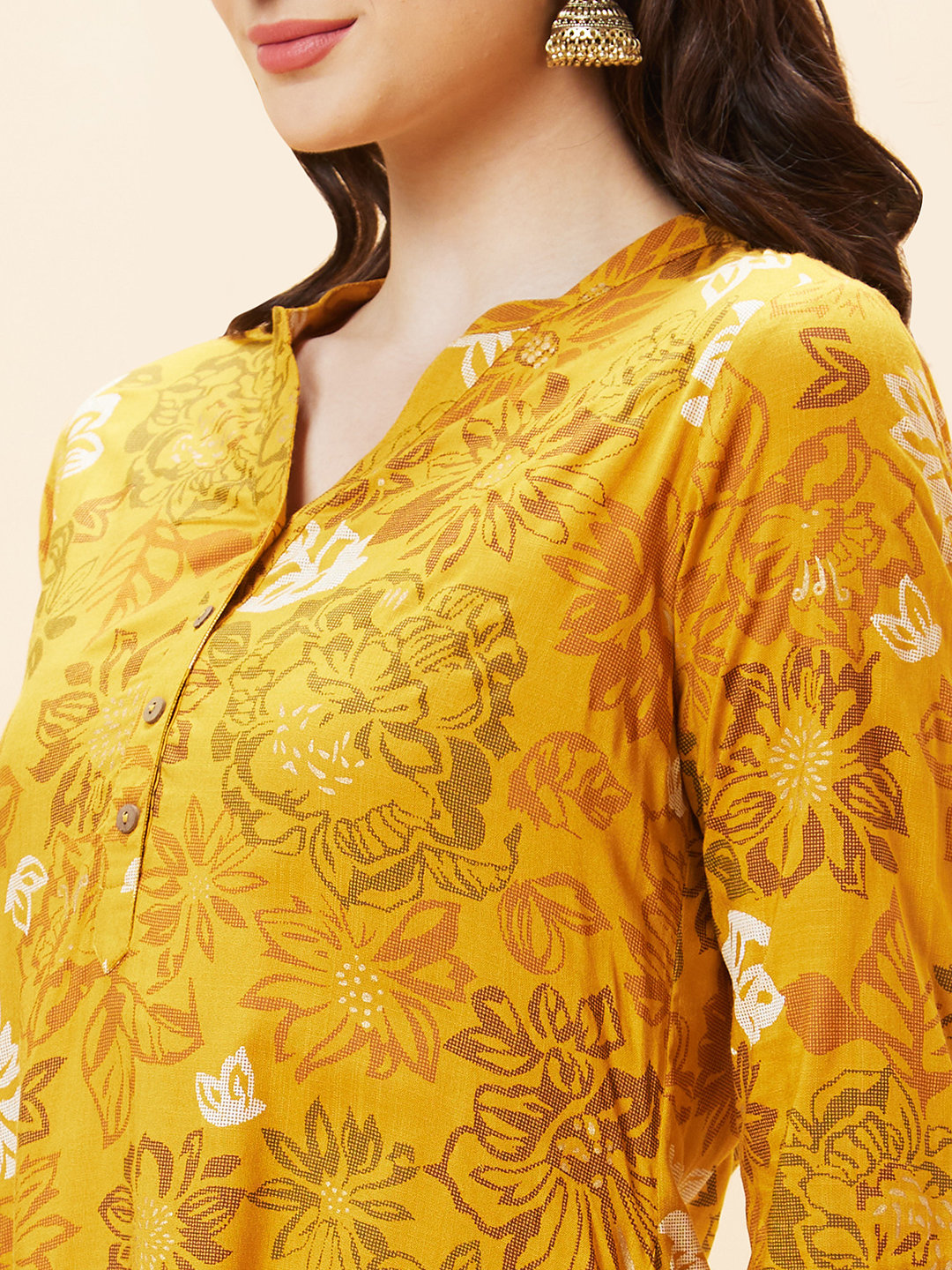 Globus Women Yellow Floral Print Mandarin Collar A-Line Kurta