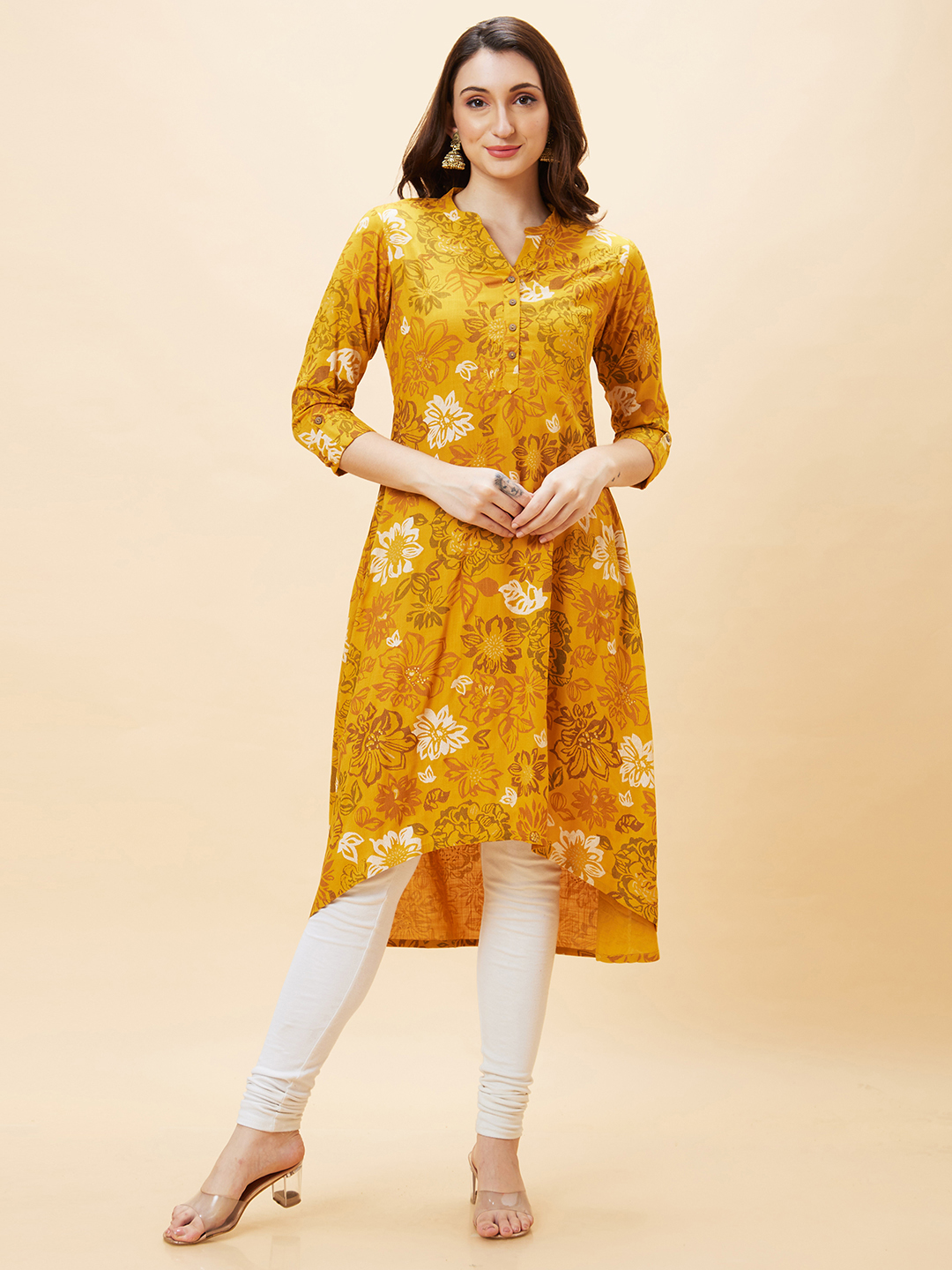 Globus Women Yellow Floral Print Mandarin Collar A-Line Kurta