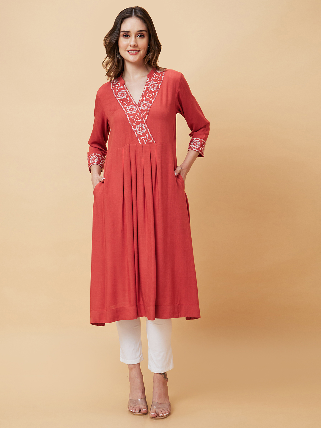 Globus Women Brown Overlapping Neckline Embroidered A-Line Fusion Kurta