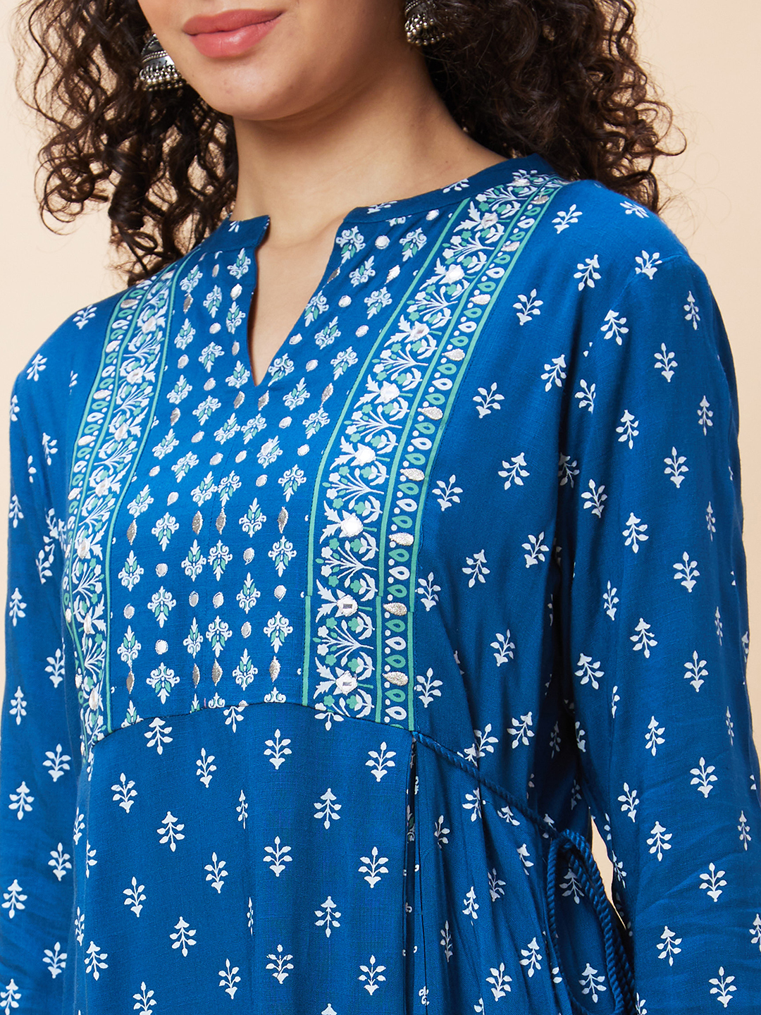 Globus Women Blue Ethnic Motifs Print Mandarin Collar Flared A-Line Panelled Kurta with Tie Up Details