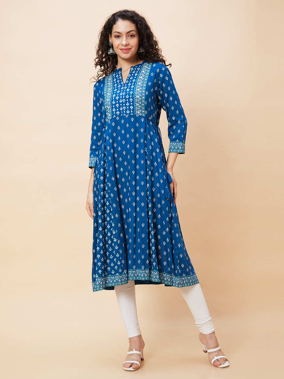 Globus Women Blue Ethnic Motifs Print Mandarin Collar Flared A-Line Panelled Kurta with Tie Up Details