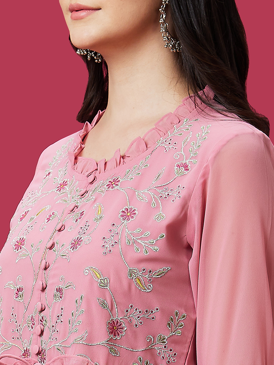 Globus Women Pink Casual Frilled Round Neck Embroidered 3/4th Sleeve Pink Tiered Kurta