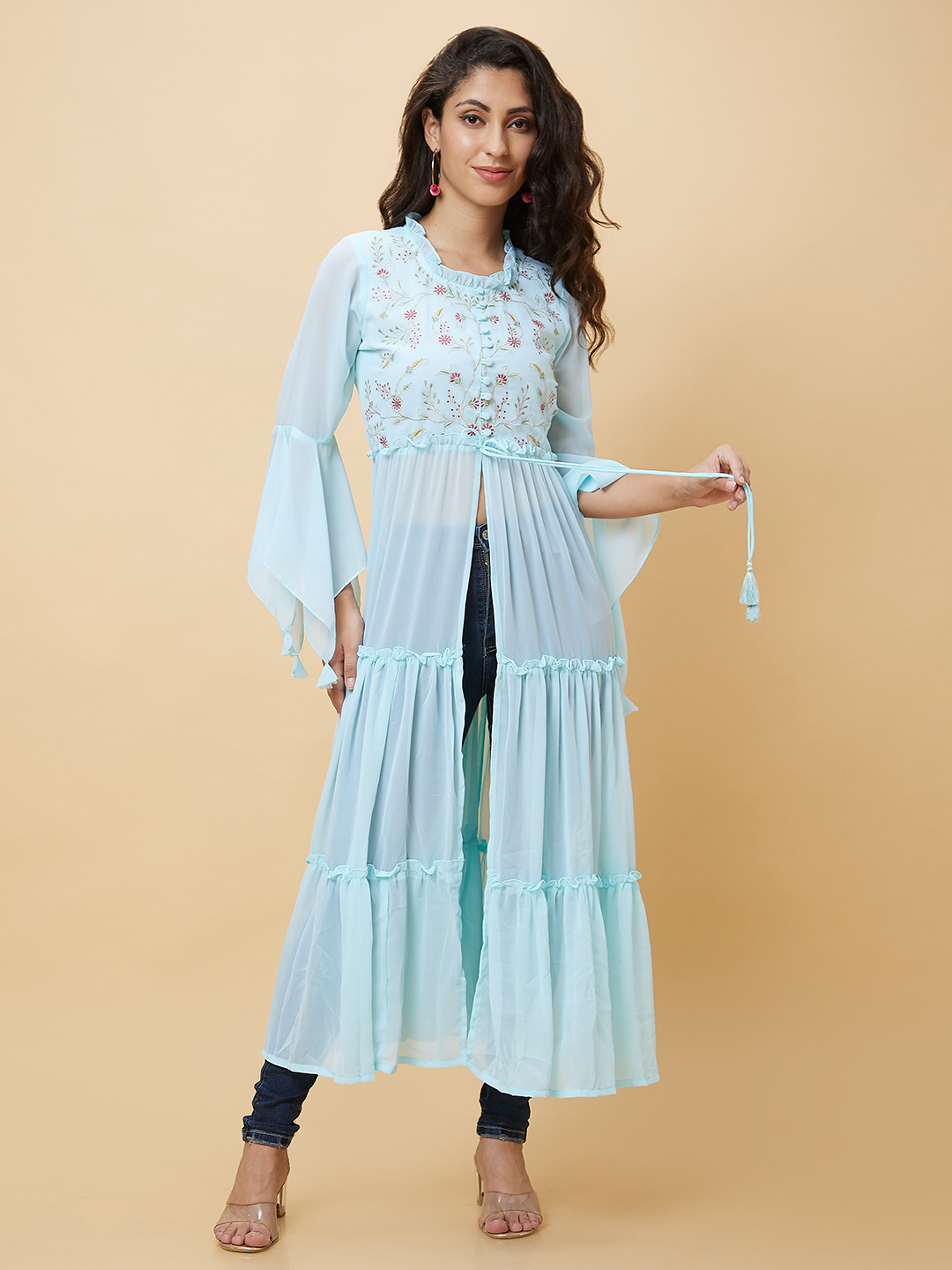 Globus Women Blue Embroidered Front Slit Tiered Fusion A-Line Kurta