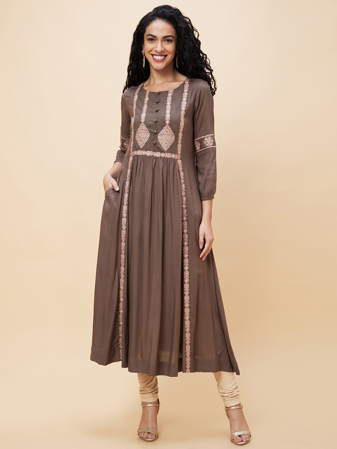 Globus Women Taupe Embroidered Round Neck Panelled A-Line Kurta