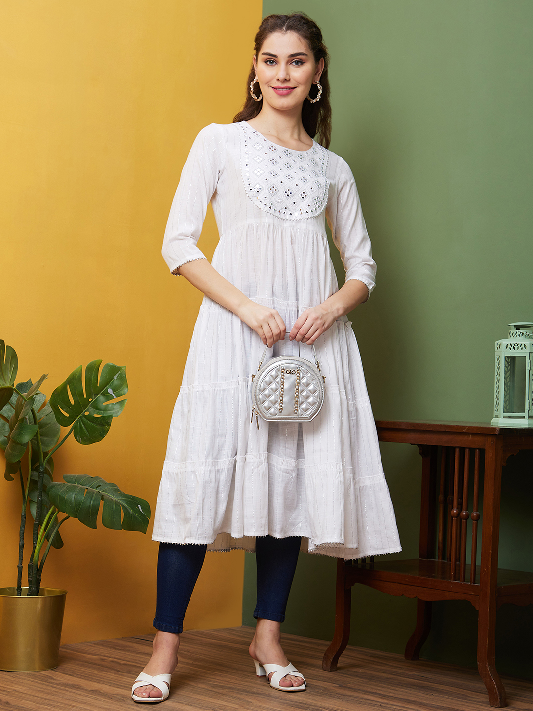 Globus Women White Cotton Embroidered Thread Work Daily Wear Round Neck Anarkali Flared Kurta