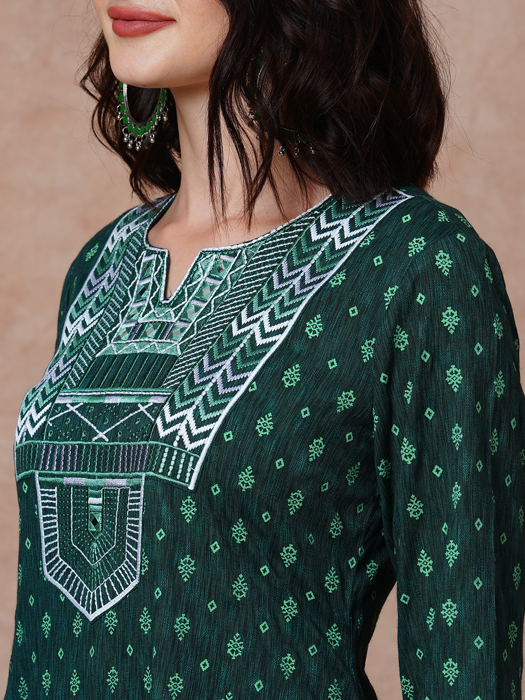 Globus Women Green Embroidered Yoke Allover Printed Assymetric A-Line Kurta