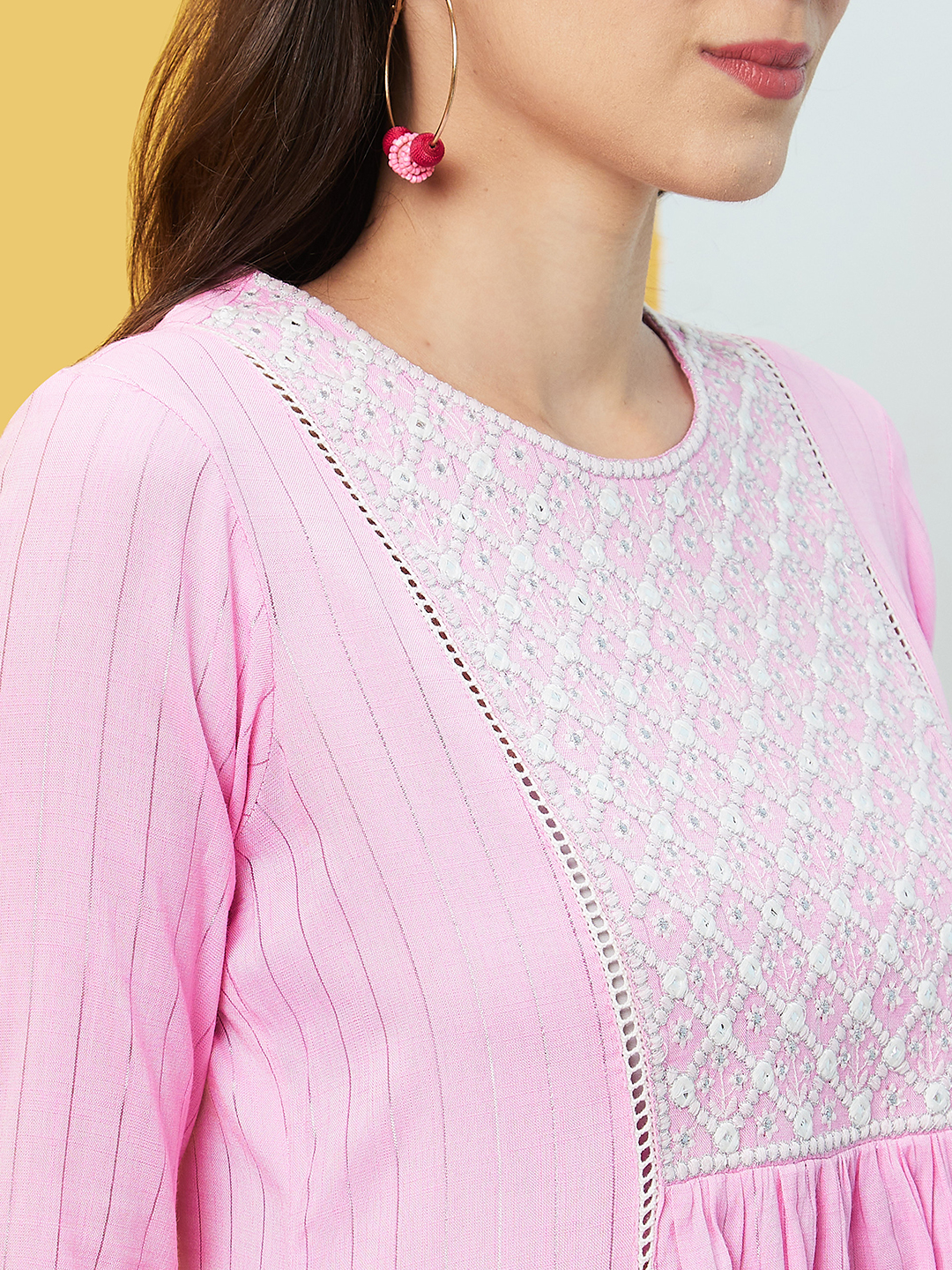 Globus Women Pink Woven Design Round Neck Embroidered Yoke A-Line Panelled Kurta