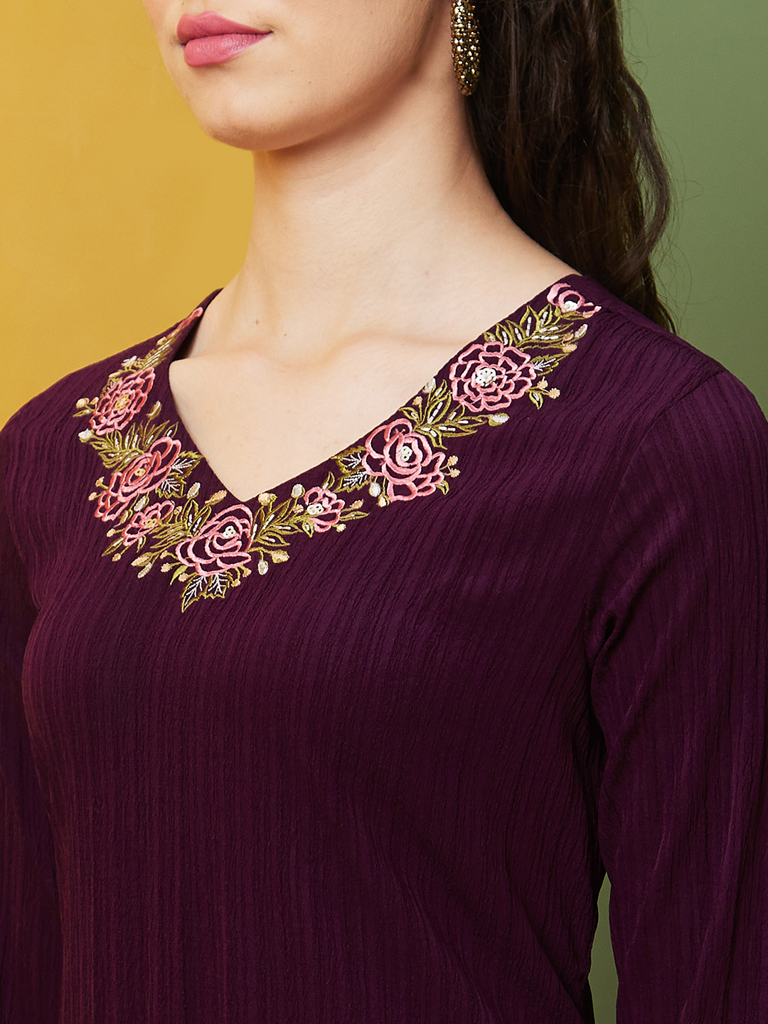 Globus Women Purple Floral Embroidered V Neck Georgette A-Line Kurta With Pocket