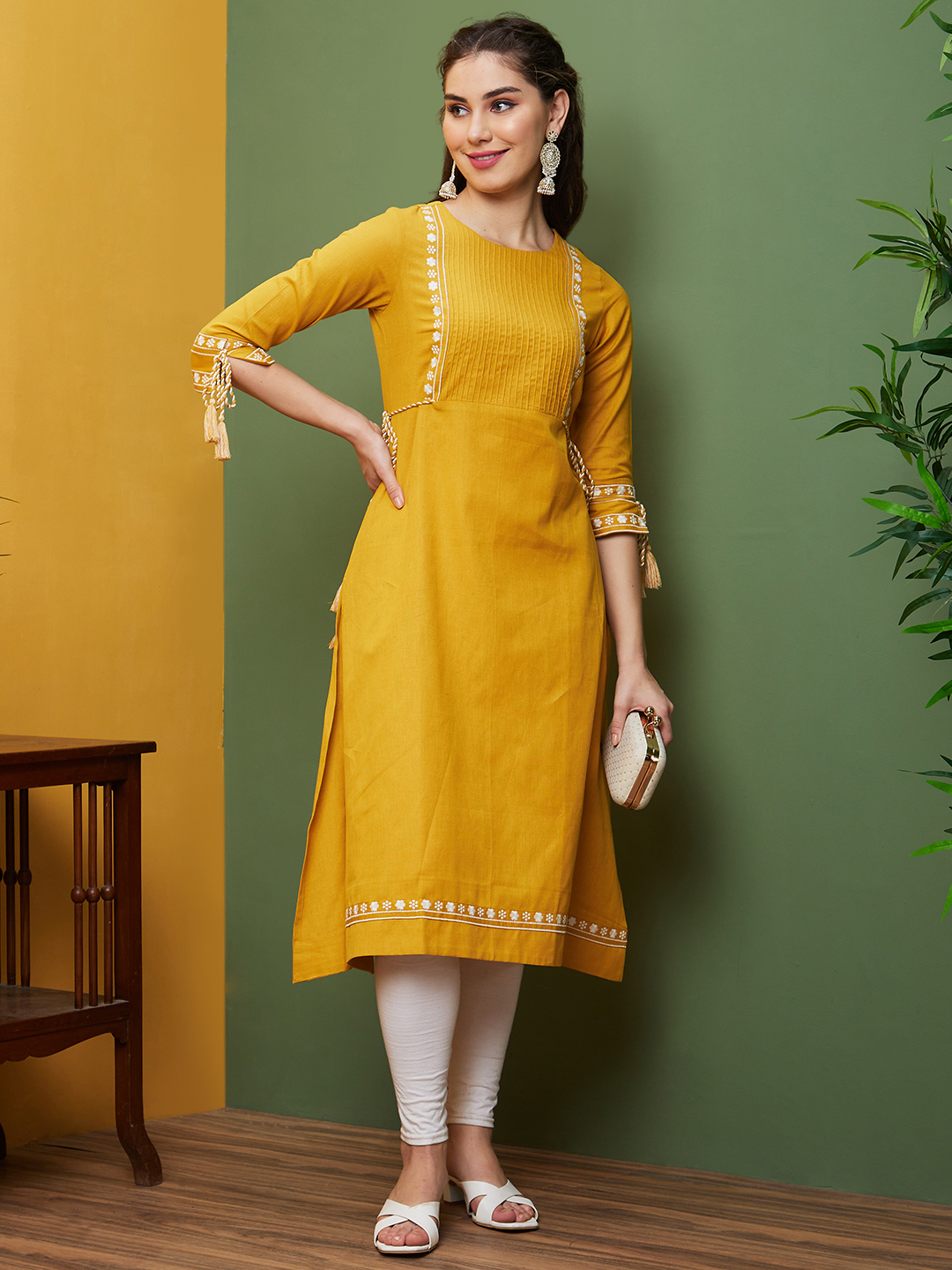 Globus Women Yellow Embroidered Cotton Daily Wear Round Neck A-Line Flared Kurta