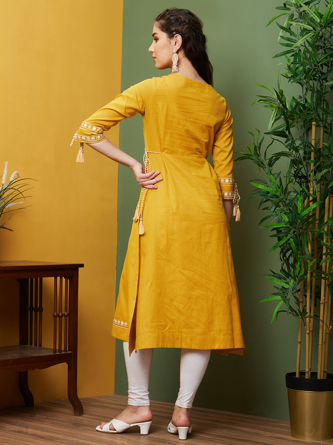 Globus Women Yellow Embroidered Cotton Daily Wear Round Neck A-Line Flared Kurta