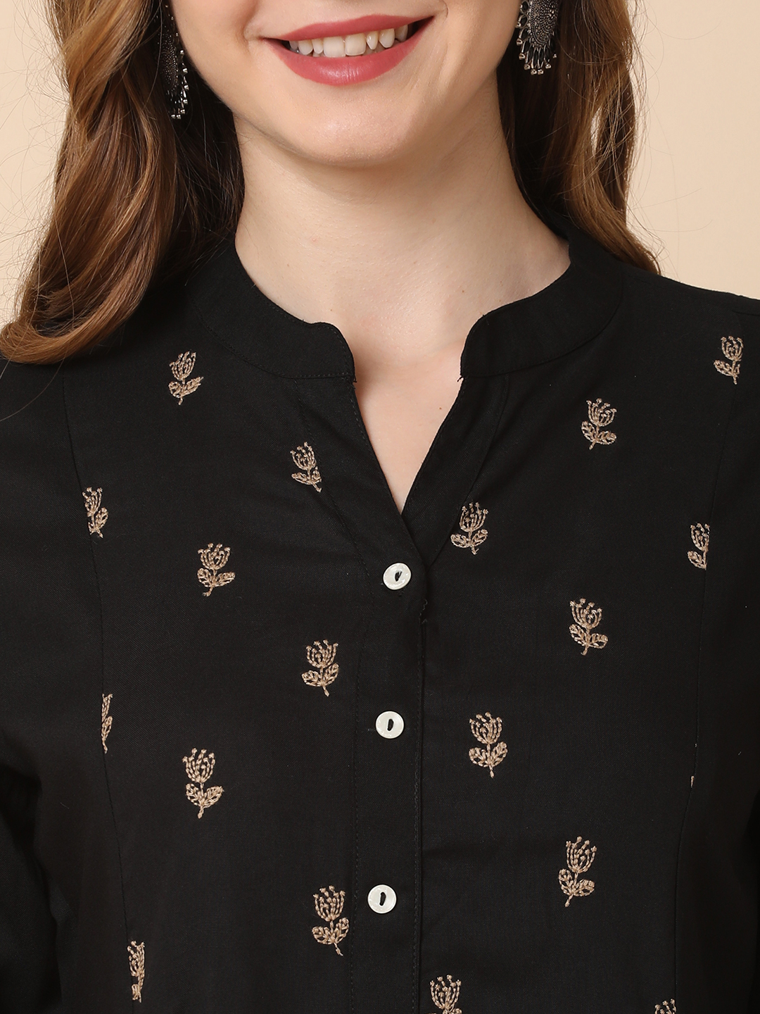 Globus Women Black Floral Embroidered Panelled A-Line Kurta