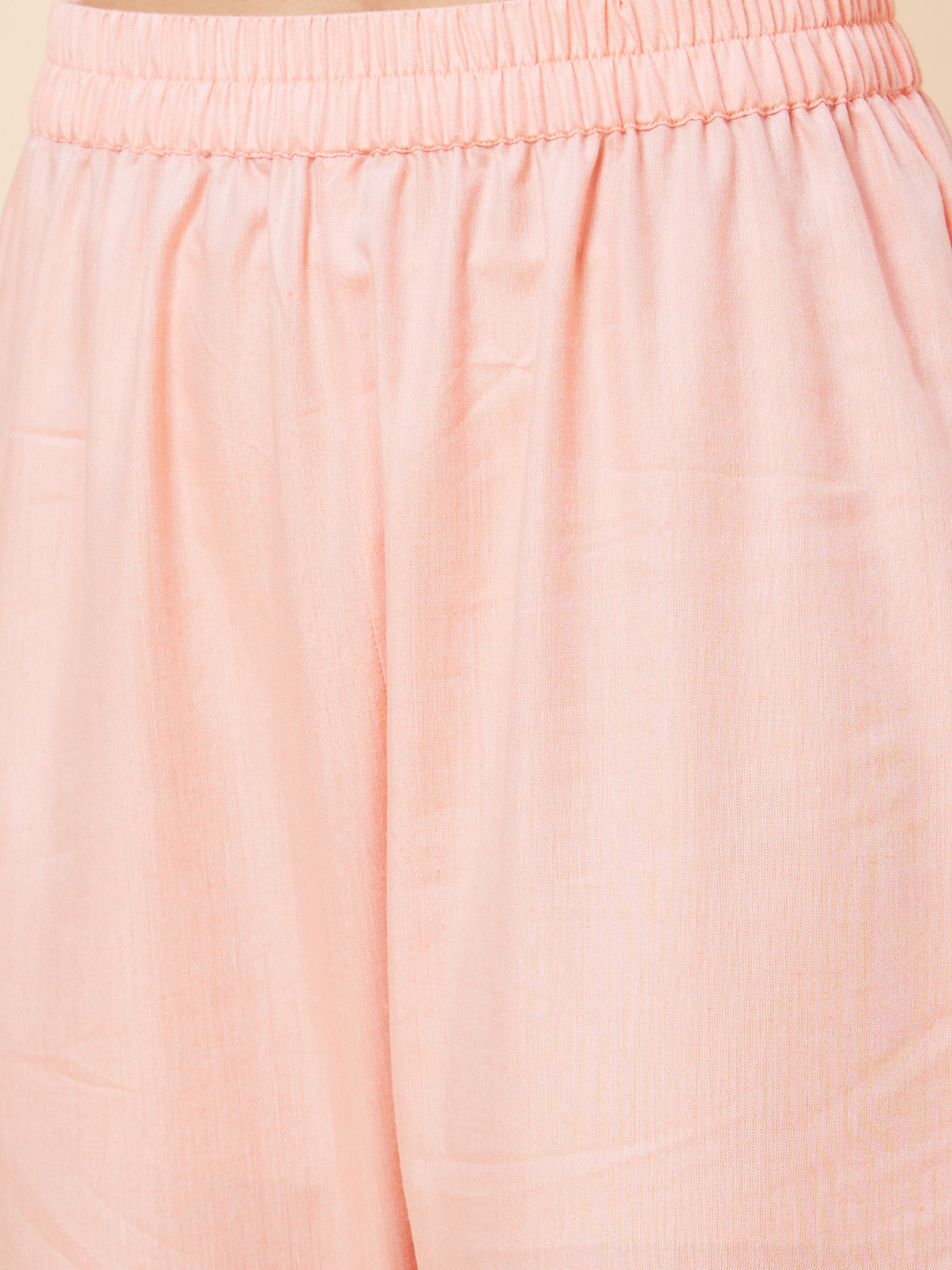 Globus Women Peach Striped Mandarin Collar High Low Dobby Straight Fusion Kurta Set with Trouser