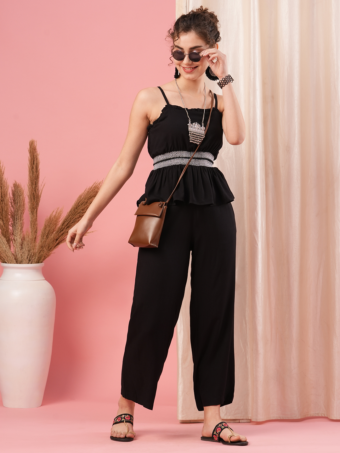 Globus Women Black Co-Ord Set With Strappy Square Neck Top & Straight Pants