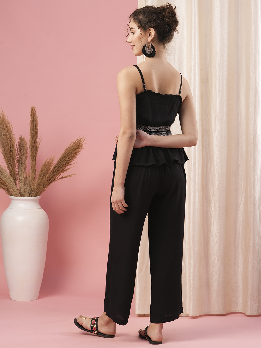Globus Women Black Co-Ord Set With Strappy Square Neck Top & Straight Pants