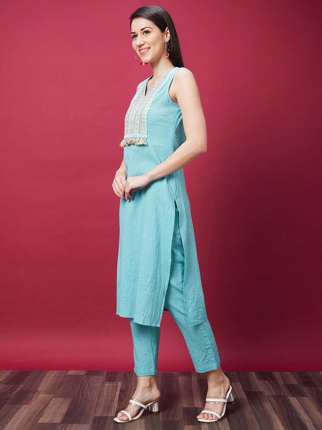 Globus Women Blue Embroidered Yoke Design A-Line Fusion Kurta Set with Trouser