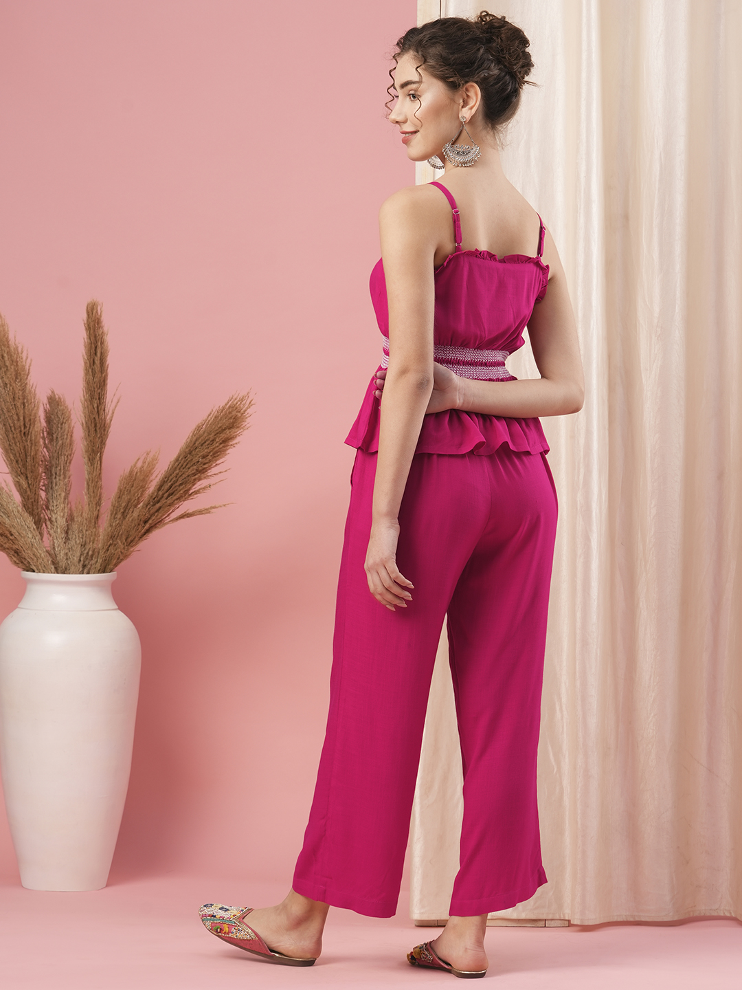Globus Women Pink Co-Ord Set With Strappy Square Neck Top & Straight Pants