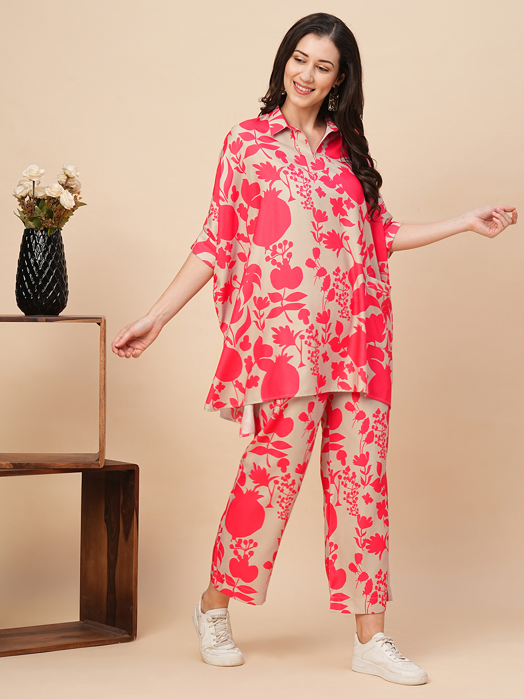 Globus Women Beige Allover Floral Print Kaftan Top & Straight Trousers Co-Ord Set