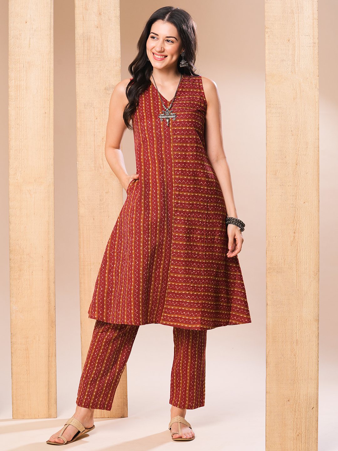 Globus Women Maroon Allover Printed In Dobby A-Line Kurta With Pants
