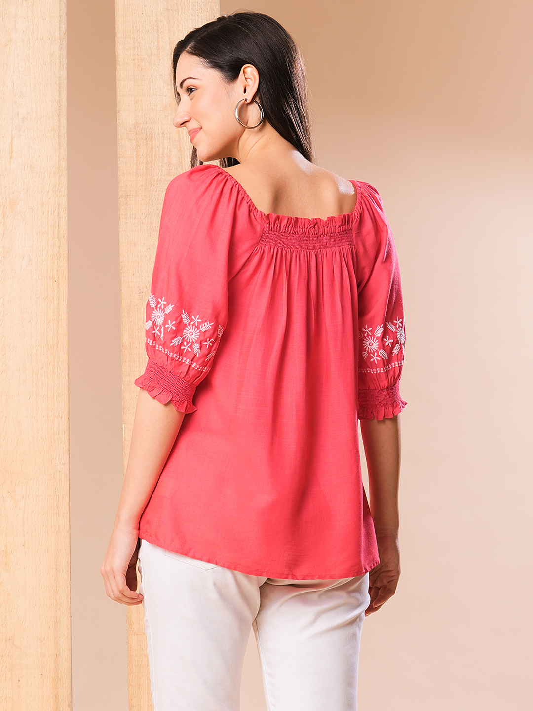 Globus Women Coral Smocked Square Neck Puff Sleeves Embroidered Tunic