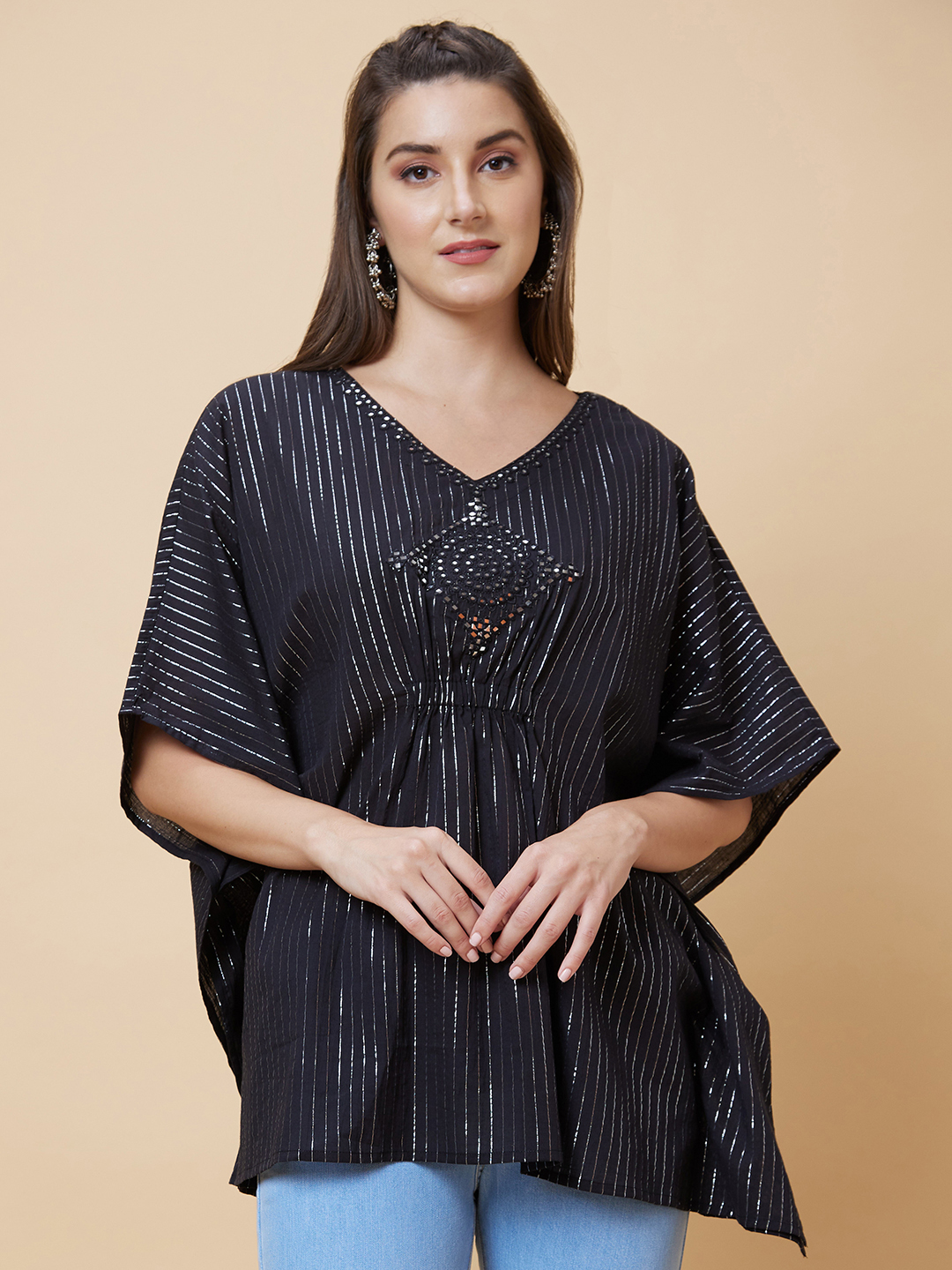 Globus Women Black Striped Embroidered V-Neck Kaftan Tunic