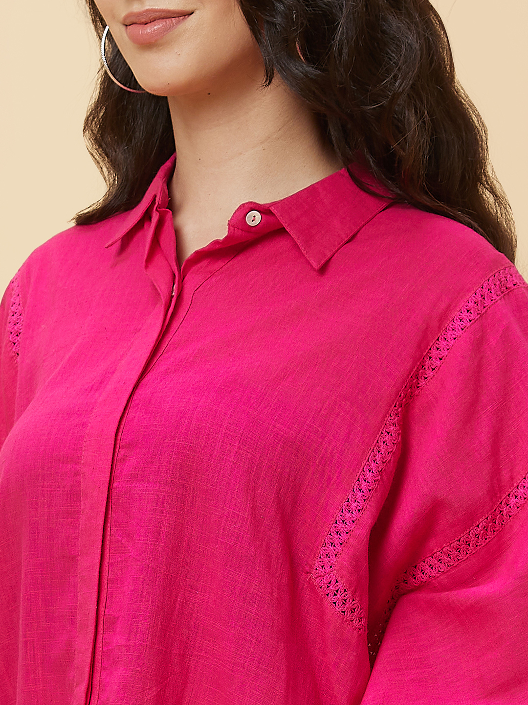 Globus Women Pink Shirt Collar Lace Inserts Kaftan Tunic