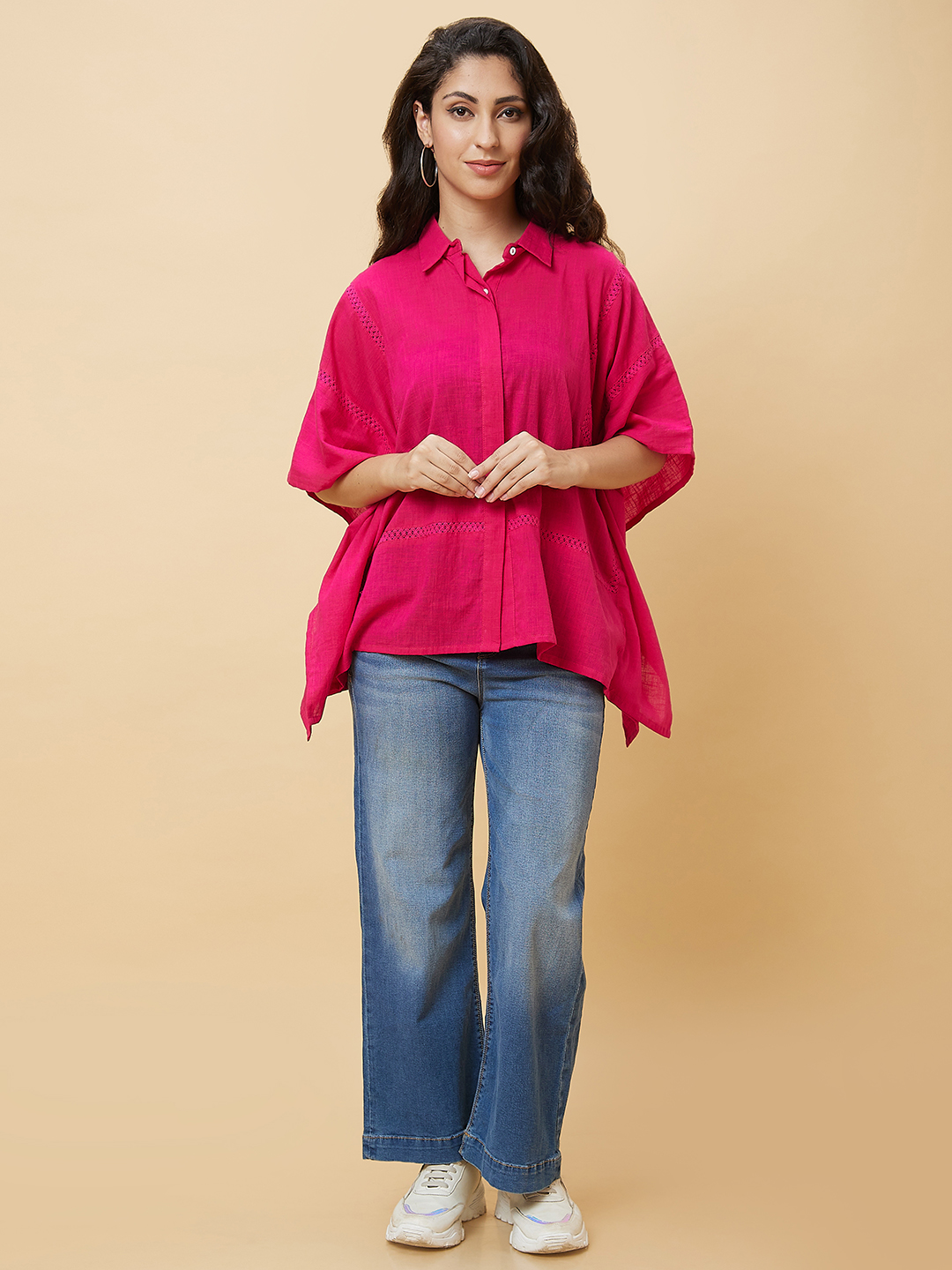 Globus Women Pink Shirt Collar Lace Inserts Kaftan Tunic