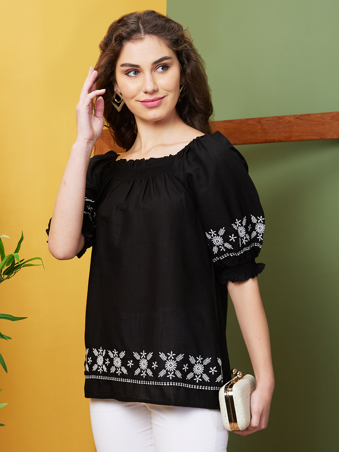 Globus Women Black Solid Embroidered Square Neck Casual Tunic