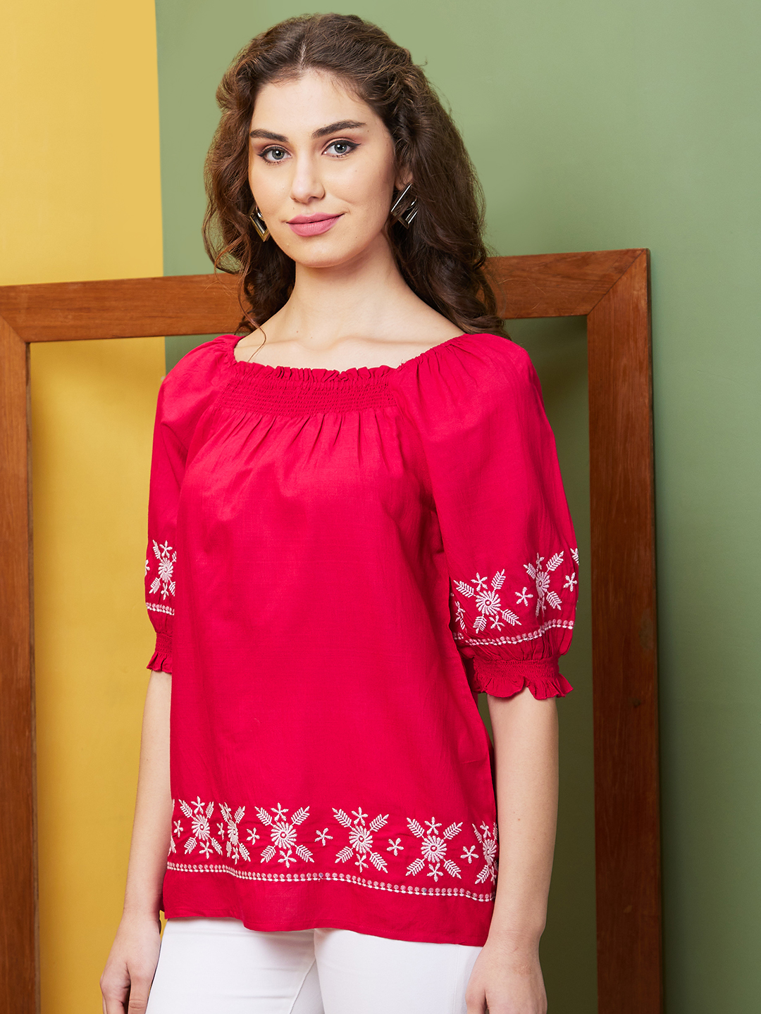 Globus Women Pink Solid Embroidered Square Neck Casual Tunic