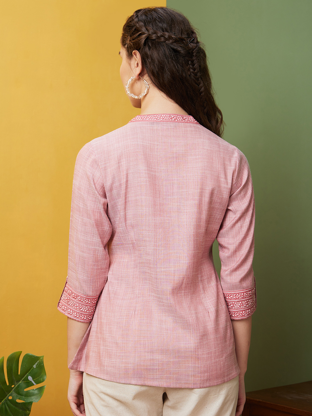 Globus Women Pink Solid Cotton Casual Mandarin Collar A line Tunics