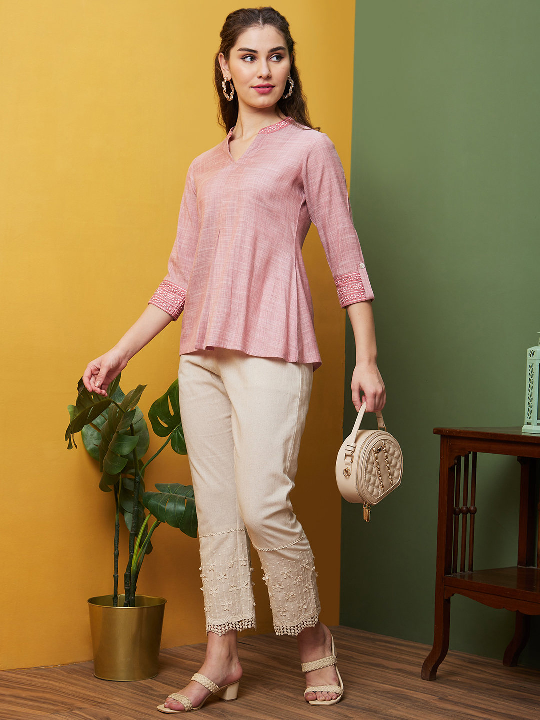 Globus Women Pink Solid Cotton Casual Mandarin Collar A line Tunics