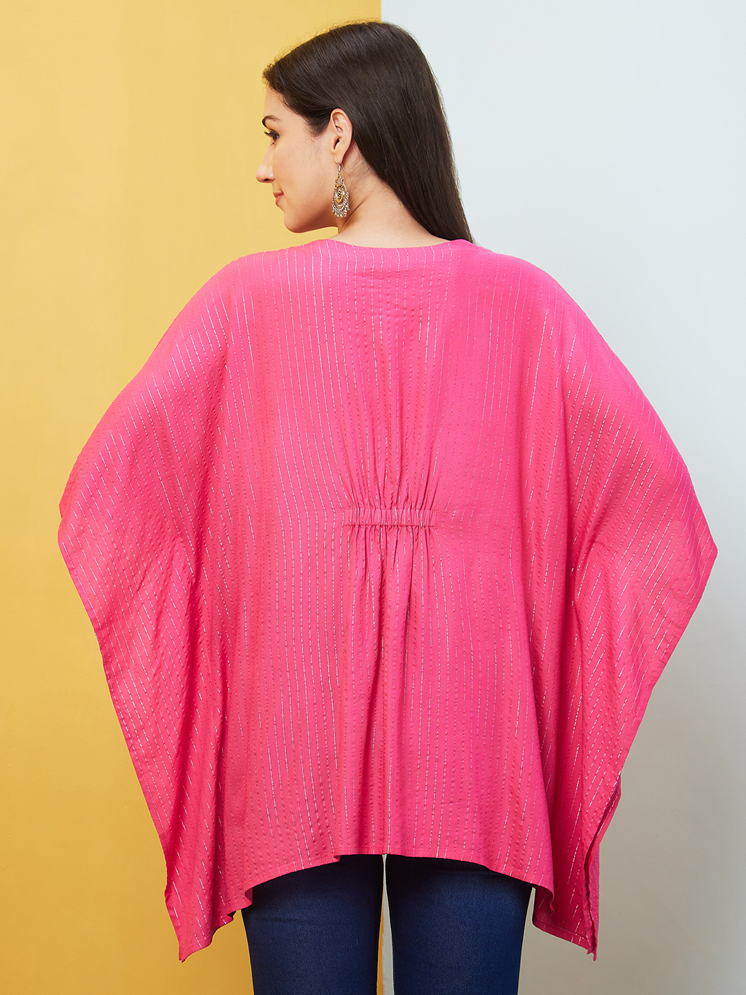Globus Women Pink Striped Mirror Work V- Neck Pure Cotton Kaftan Tunic