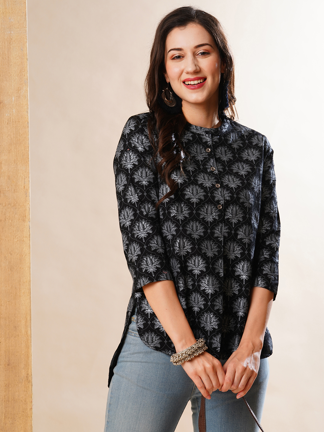 Globus Women Black Allover Floral Printed A-Line Tunic