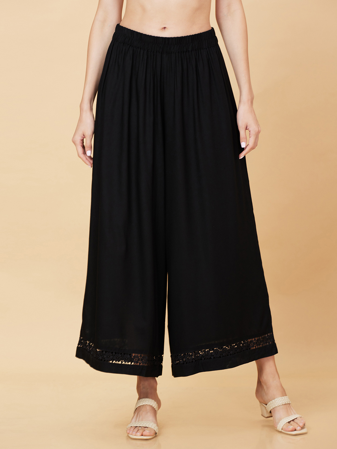 Globus Women Black Solid Ethnic Wide Leg Palazzo with Lace at Hem