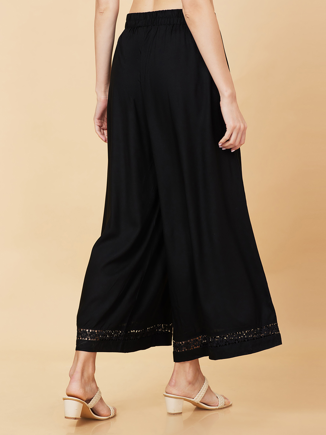 Globus Women Black Solid Ethnic Wide Leg Palazzo with Lace at Hem