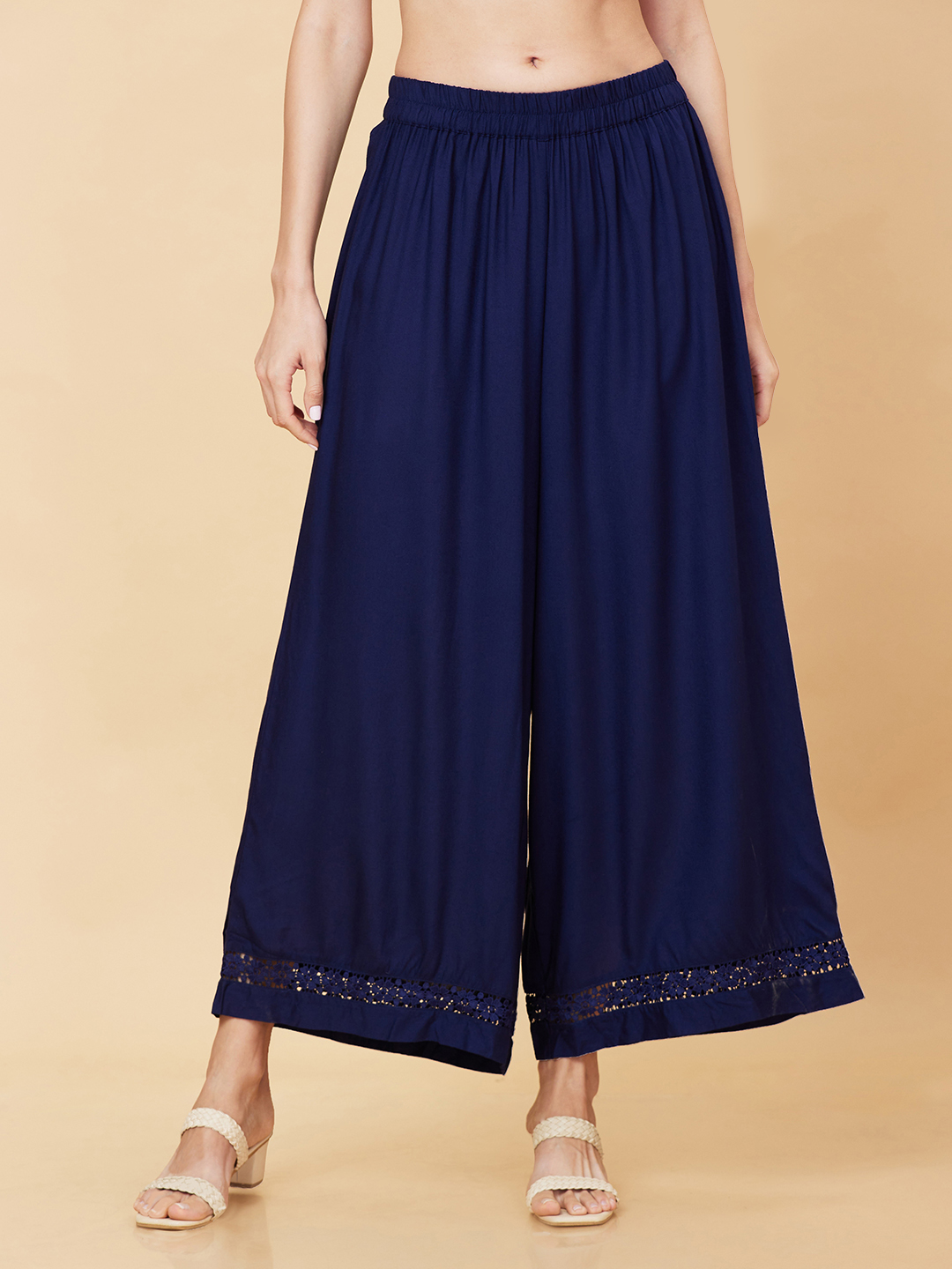Globus Women Navy Solid Ethnic Wide Leg Palazzo with Lace at Hem
