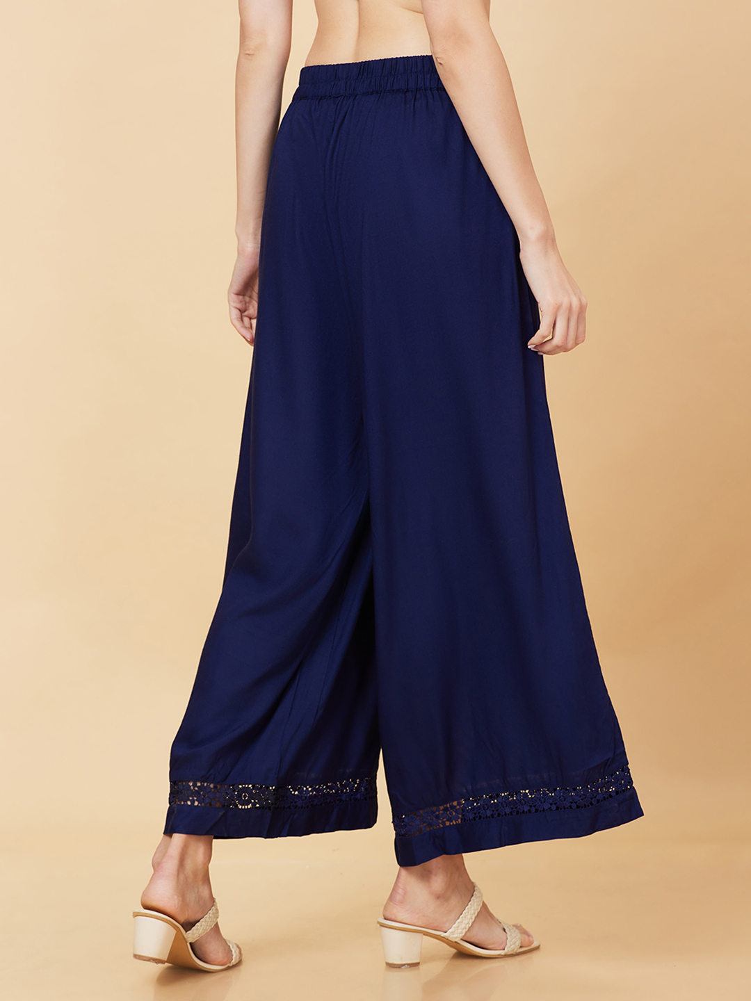 Globus Women Navy Solid Ethnic Wide Leg Palazzo with Lace at Hem