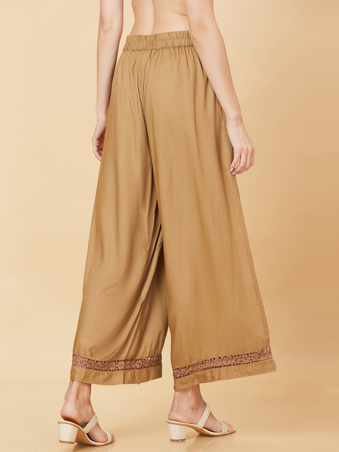 Globus Women Beige Solid Ethnic Wide Leg Palazzo with Lace at Hem