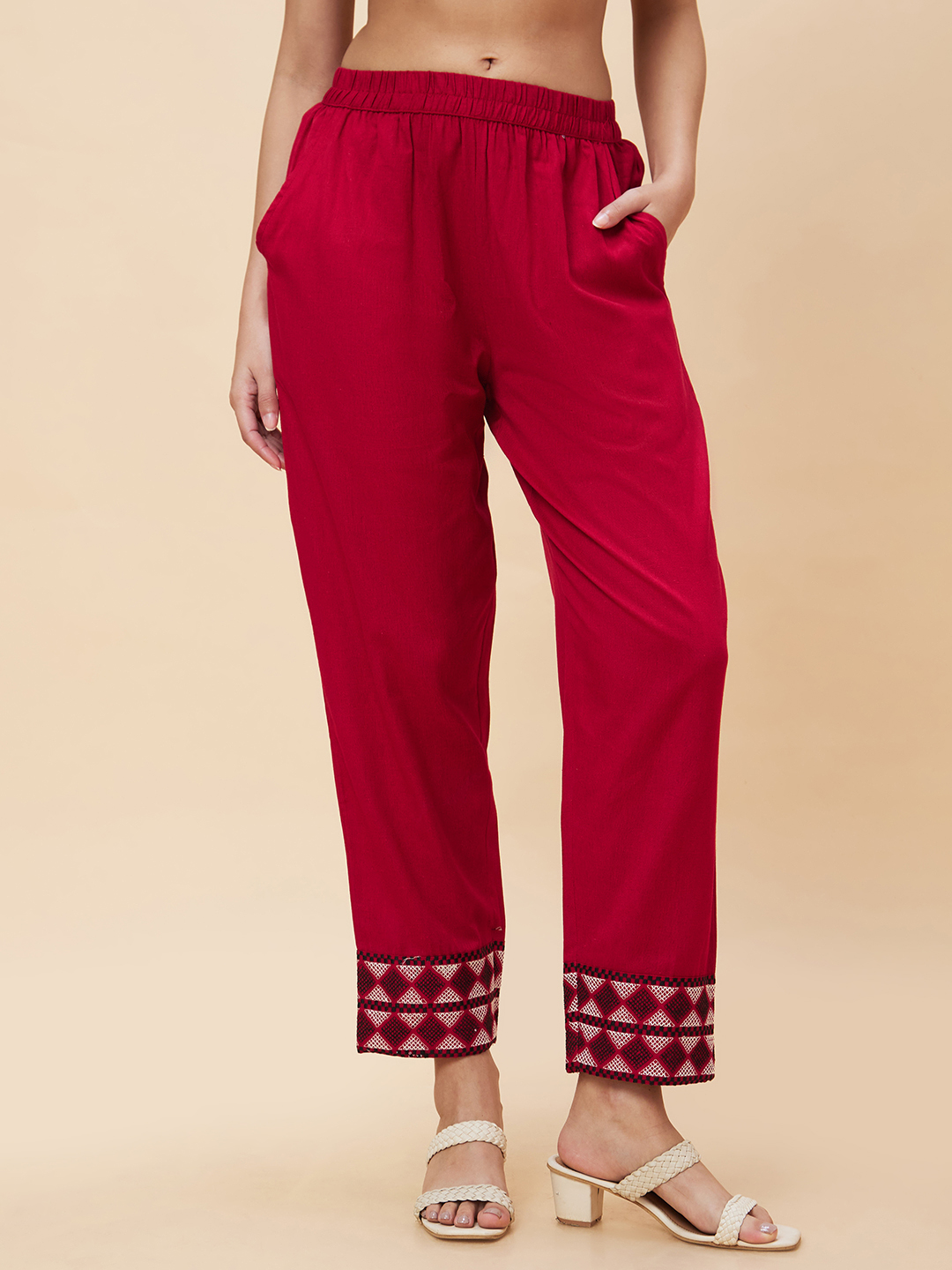 Globus Women Maroon Hem Embroidered Mid-Rise Straight Fit Trousers