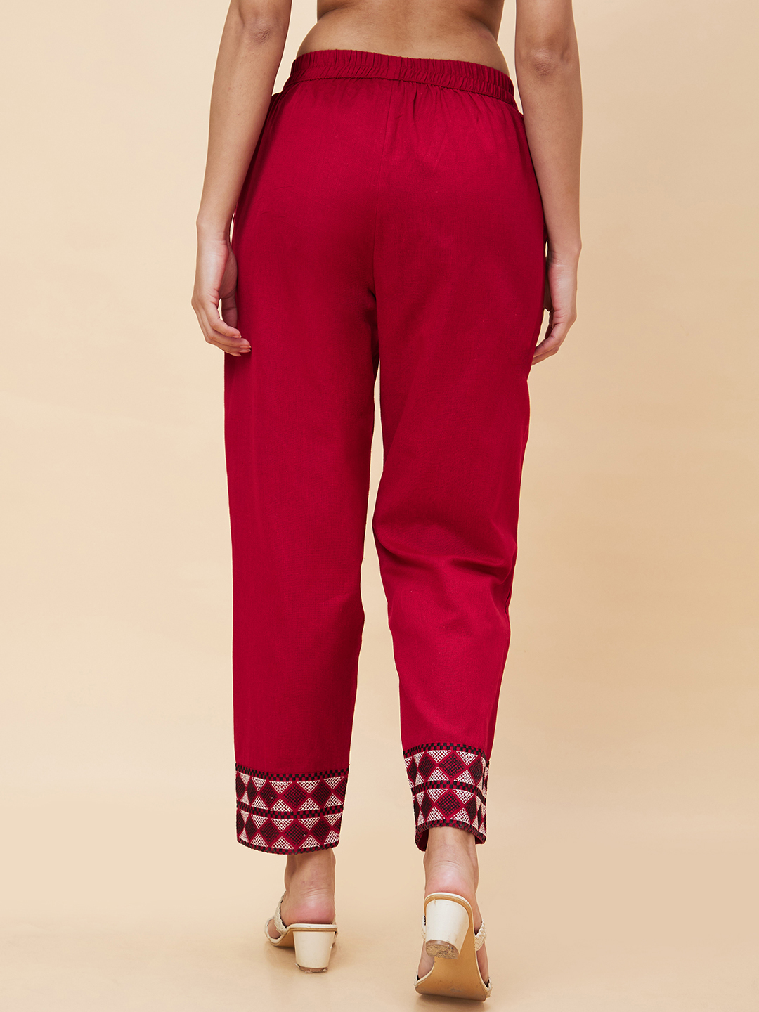 Globus Women Maroon Hem Embroidered Mid-Rise Straight Fit Trousers