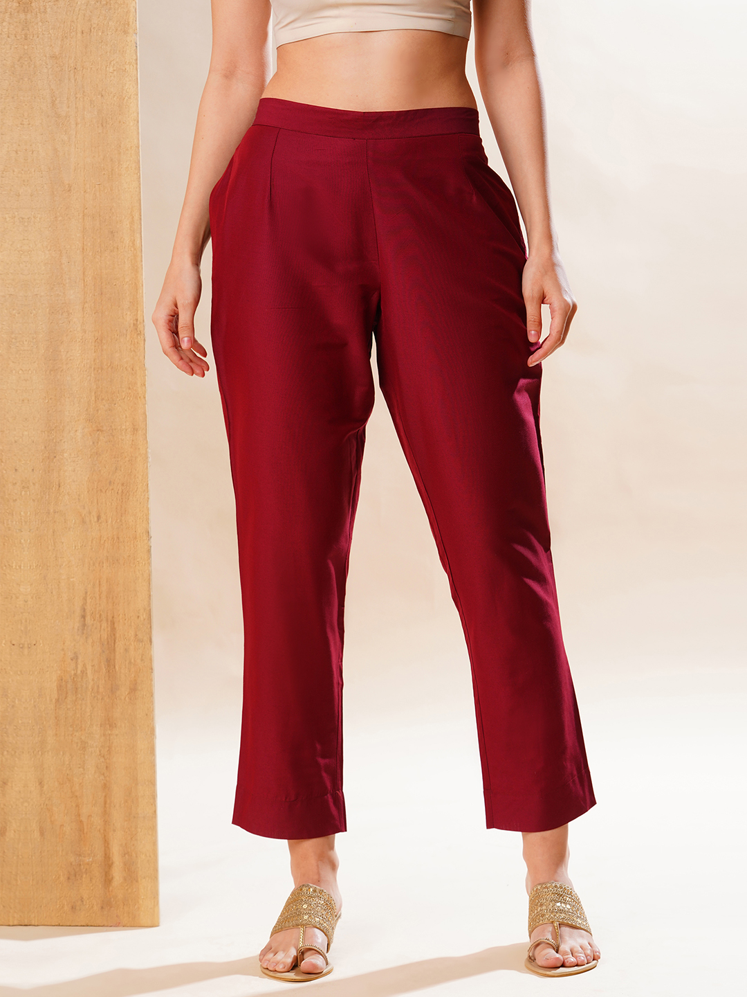 Globus Women Maroon Back Elasticated Mid-Rise Flat Front Trousers