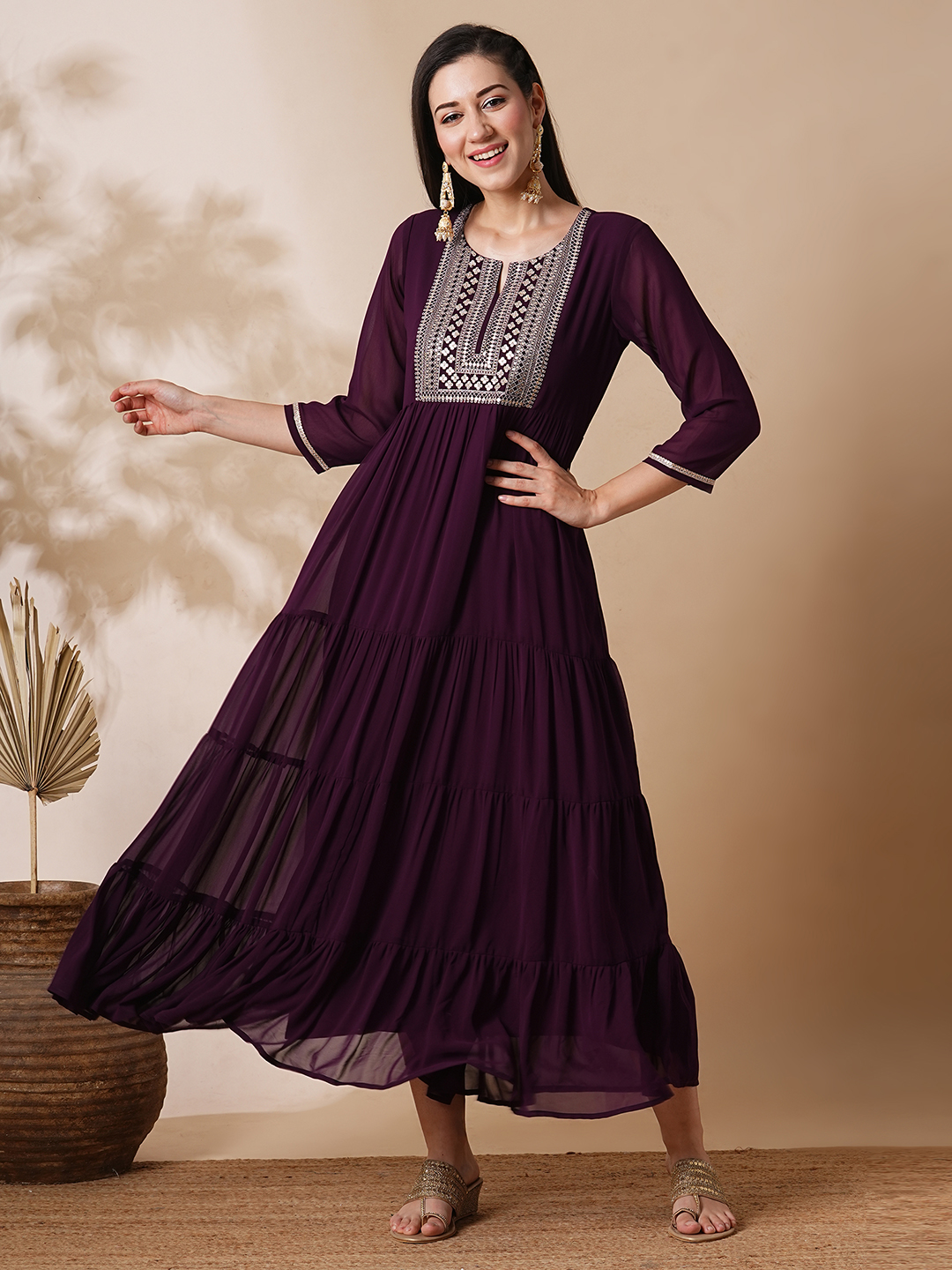Globus Women Purple Embroidered & Sequinned Yoke A-Line Tiered Maxi Dress
