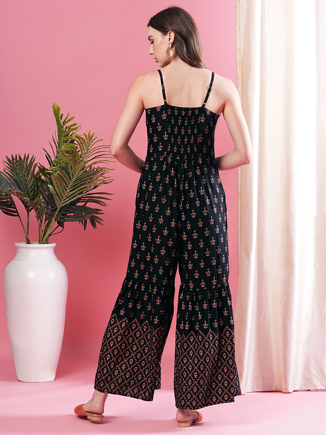 Globus Women Black Strappy With V Embroidered Allover Printed Flared Leg Jumpsuit