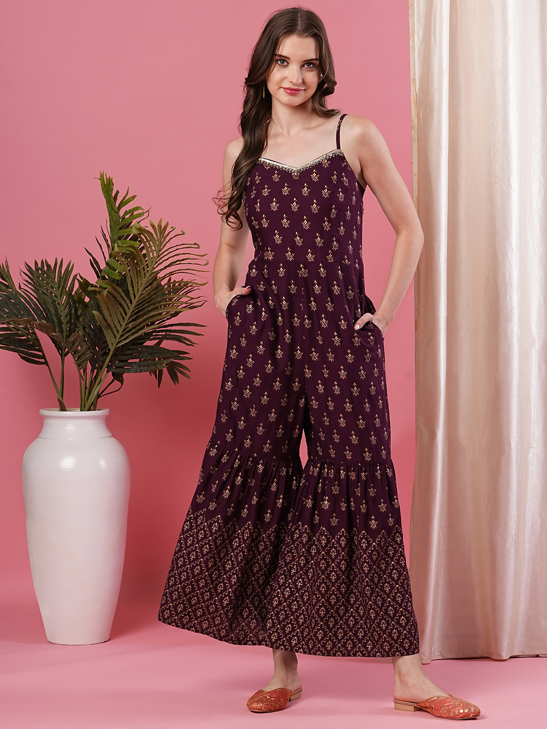 Globus Women Wine Strappy With V Embroidered Allover Printed Flared Leg Jumpsuit