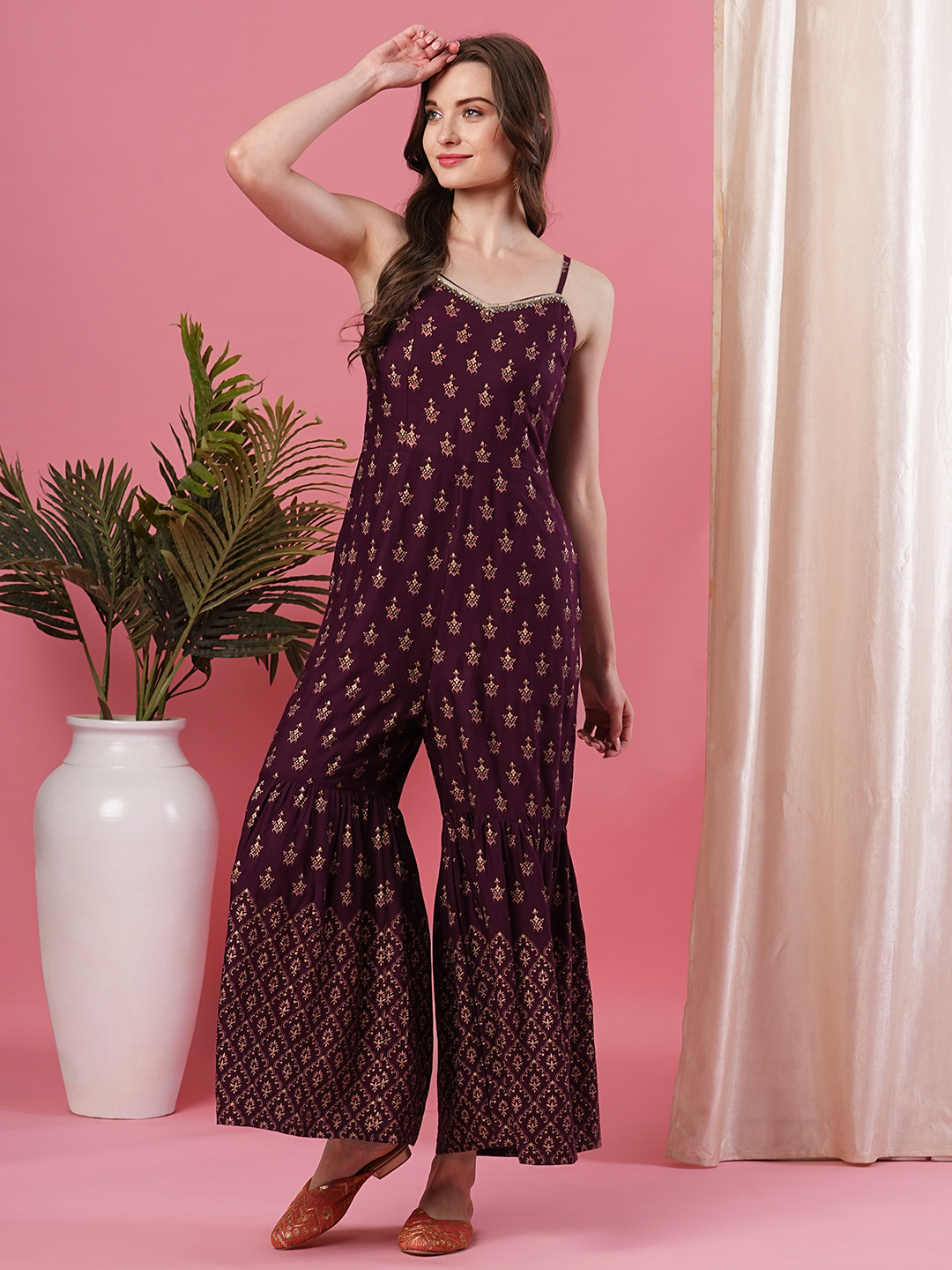Globus Women Wine Strappy With V Embroidered Allover Printed Flared Leg Jumpsuit