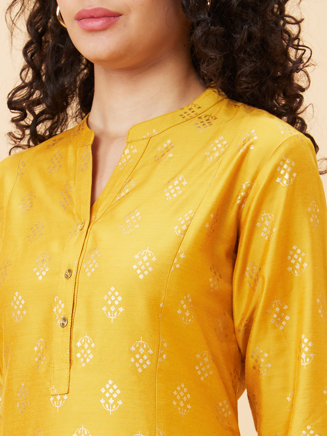 Globus Women Mustard Printed Mandarin Collar A-Line Kurta
