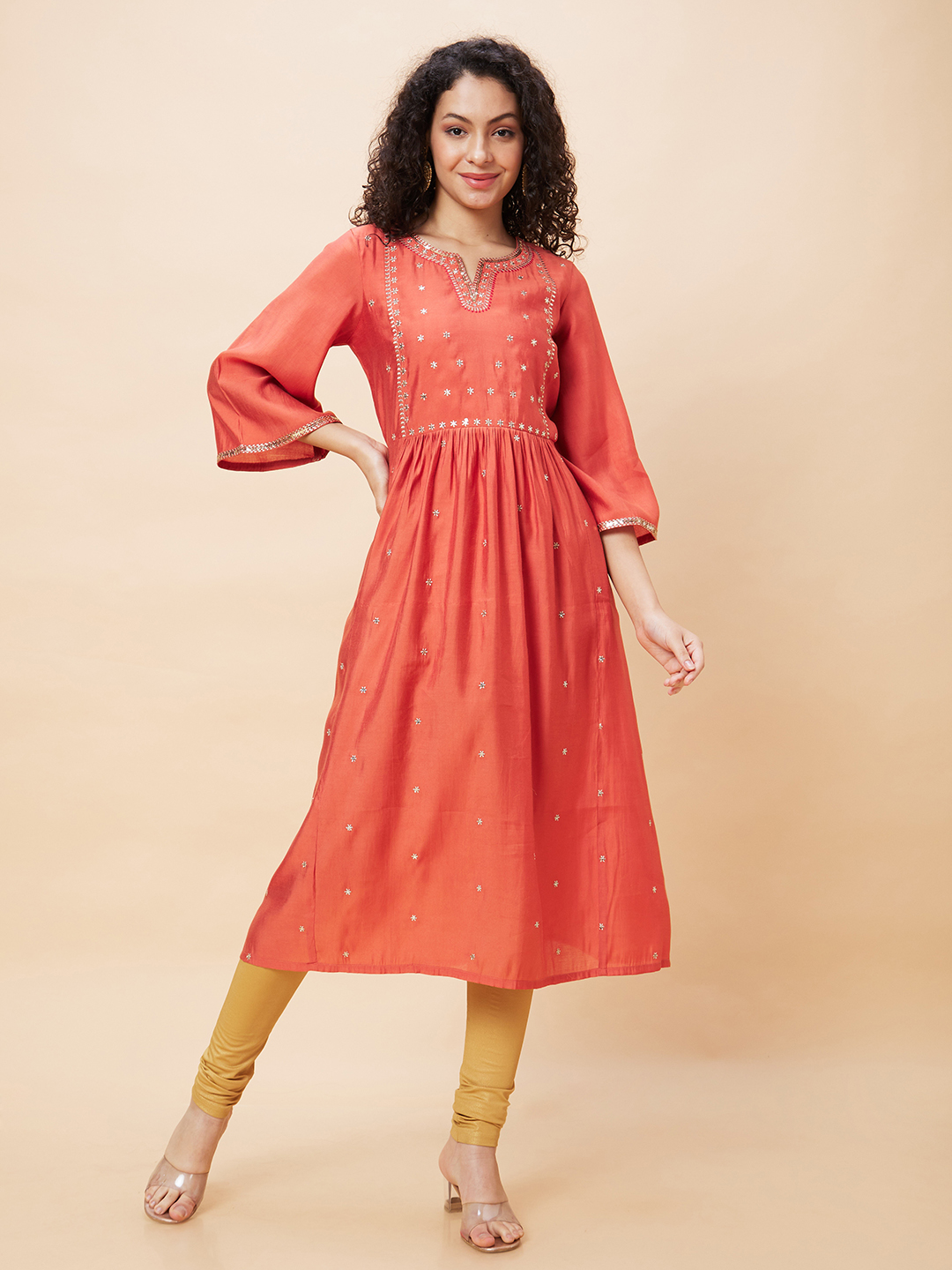 Globus Women Rust Floral Embroidered Flared Sleeves Round Neck Festive A-Line Kurta