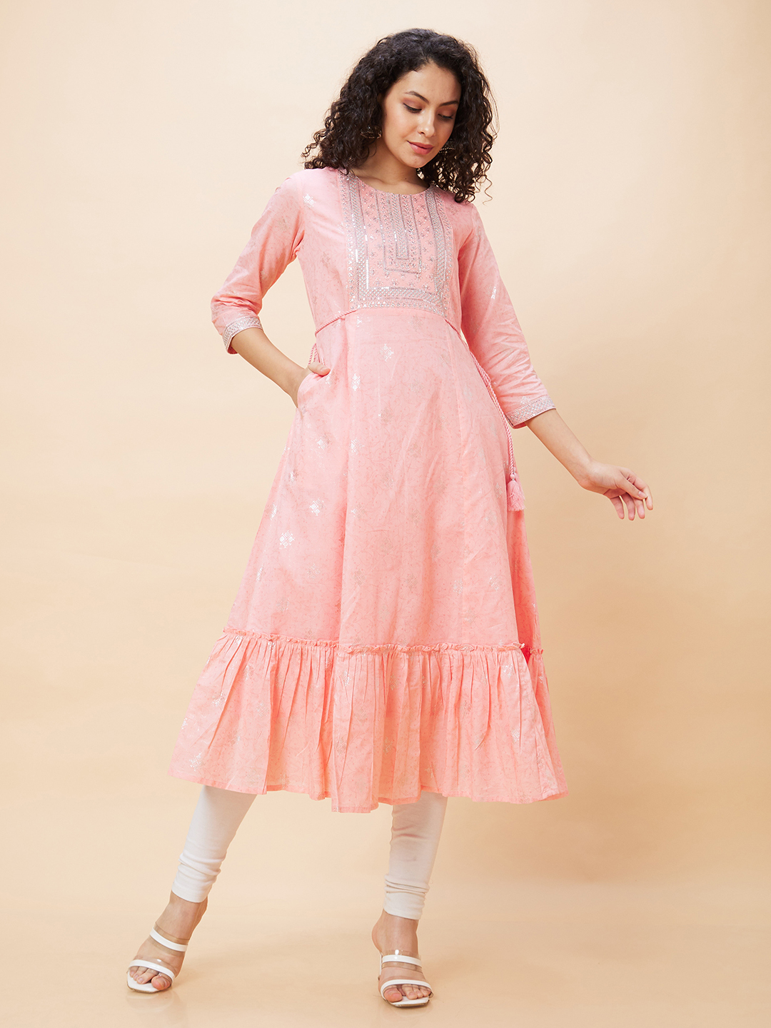 Globus Women Peach Ethnic Motifs Print Round Neck Flared Tiered A-Line Festive Kurta with Yoke Sequinned and Tie Up Details