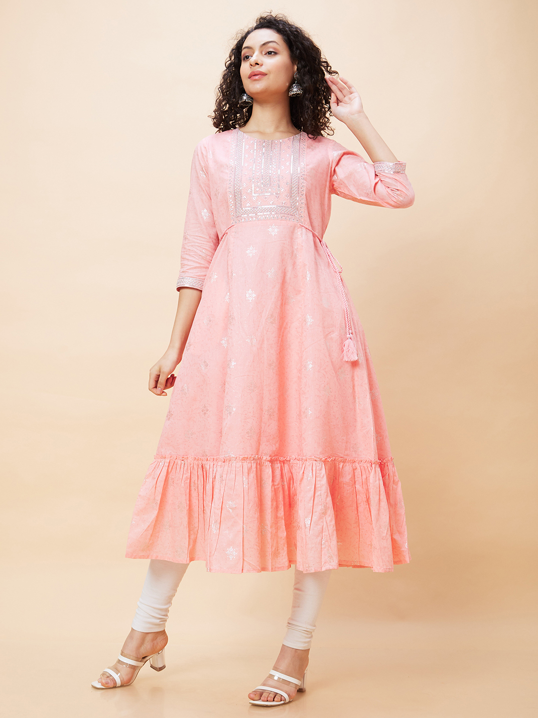 Globus Women Peach Ethnic Motifs Print Round Neck Flared Tiered A-Line Festive Kurta with Yoke Sequinned and Tie Up Details