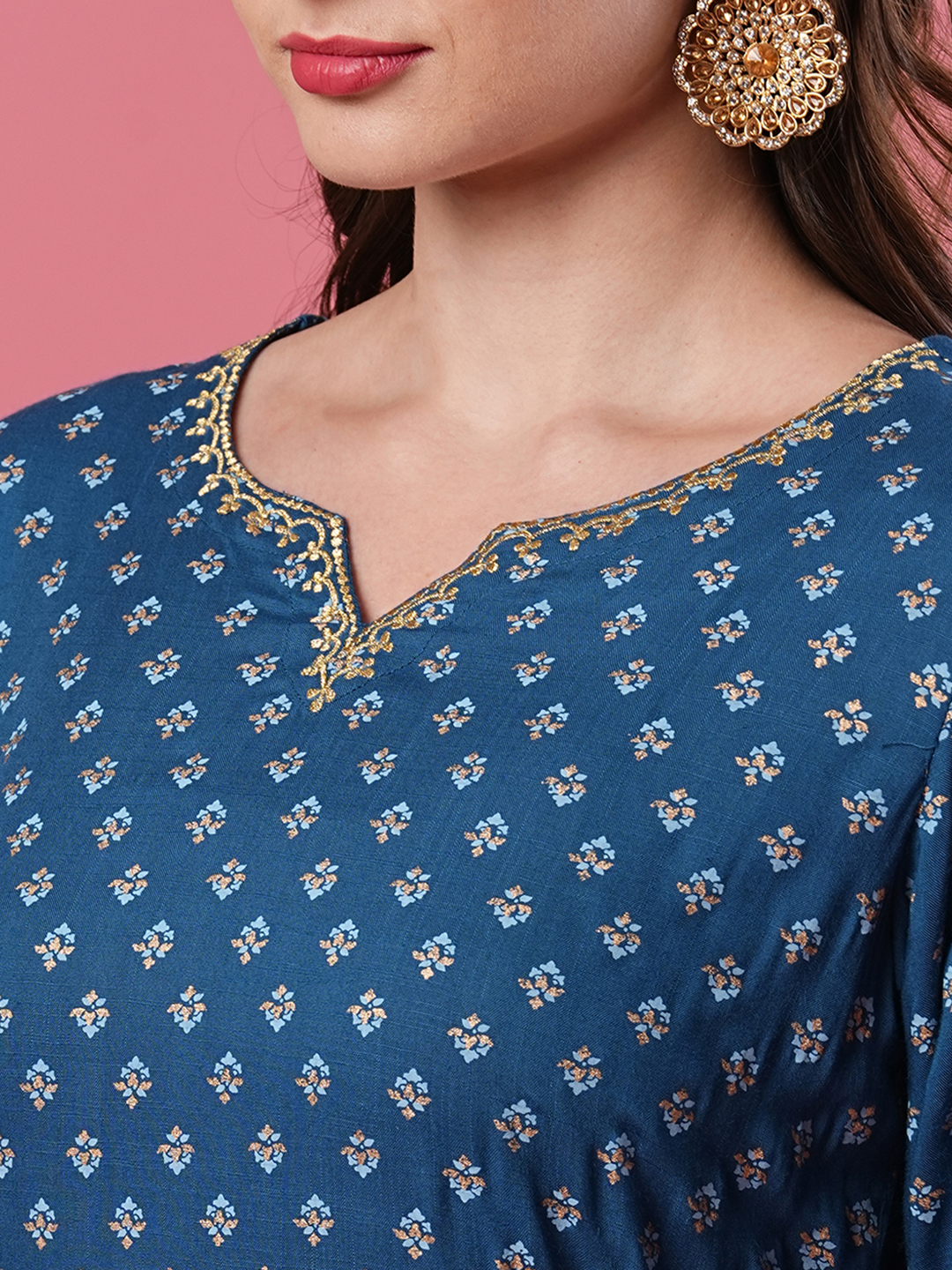 Globus Women Blue V Embroidered Neck Allover Ethnic Motifs Panelled Calf Length A-Line Kurta